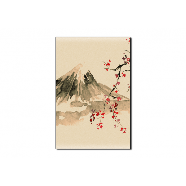Obraz na plátně - Tradiční sumi-e obraz: sakura, slunce a hory - obdélník